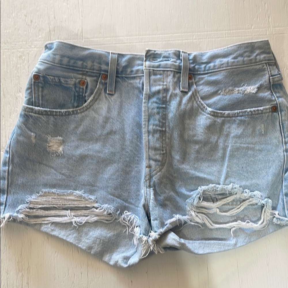 Levi's501 Distressed Light Blue Denim Shorts